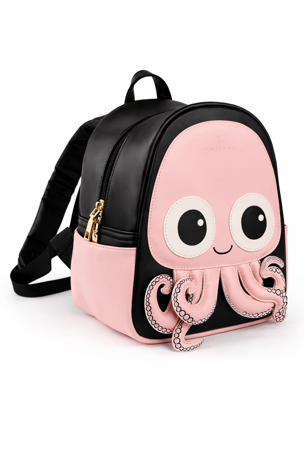 Pink octopus-shaped backpack with black accents on a white background