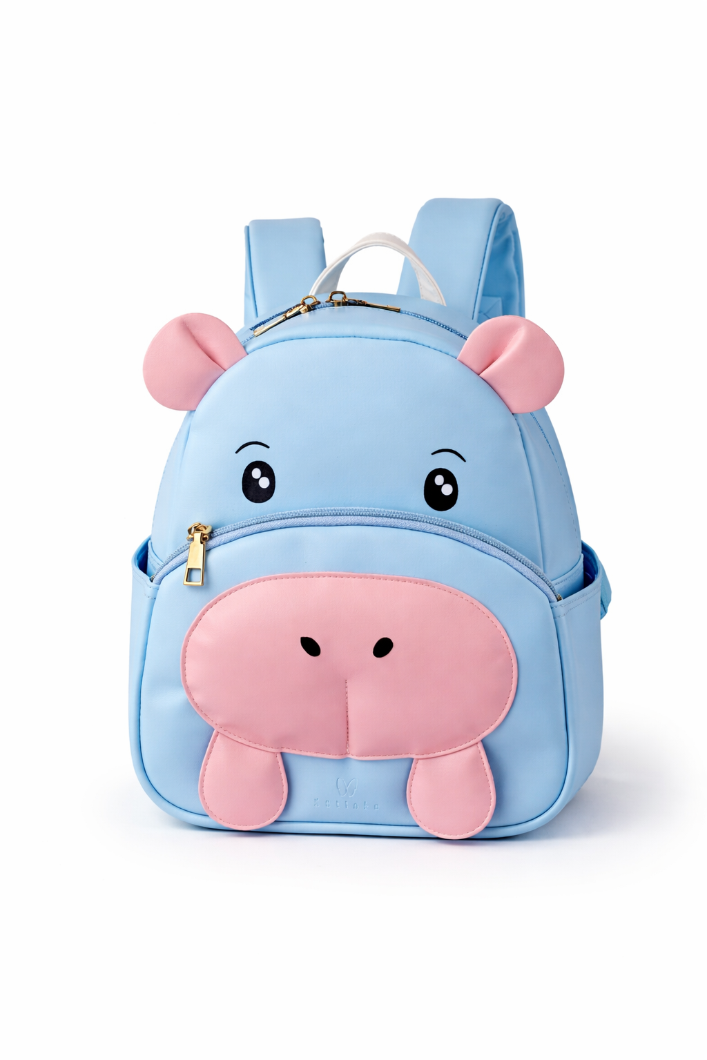 Blue backpack with pink ears and snout on a white background