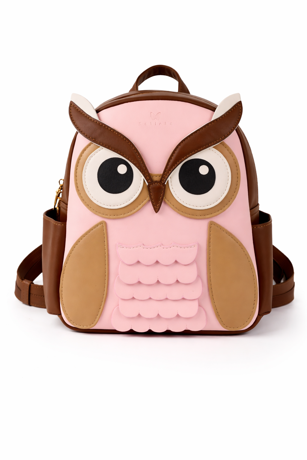 Pink owl-shaped backpack with brown accents on a white background