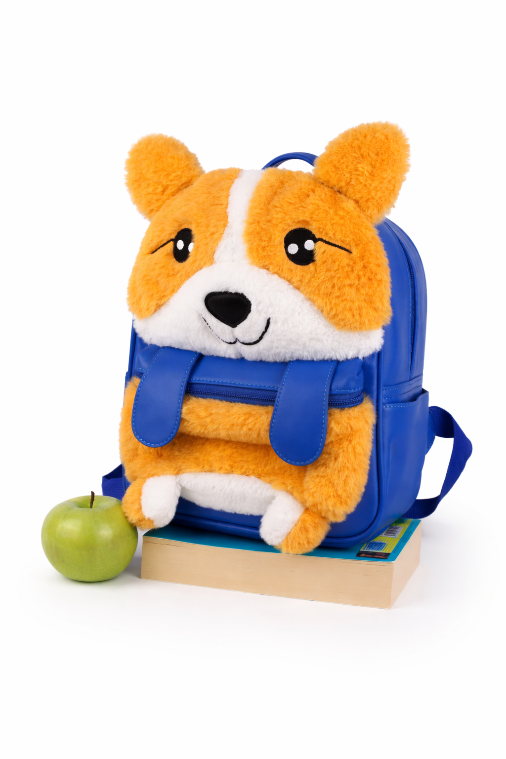 Plush corgi dog toy with a blue backpack on a white background