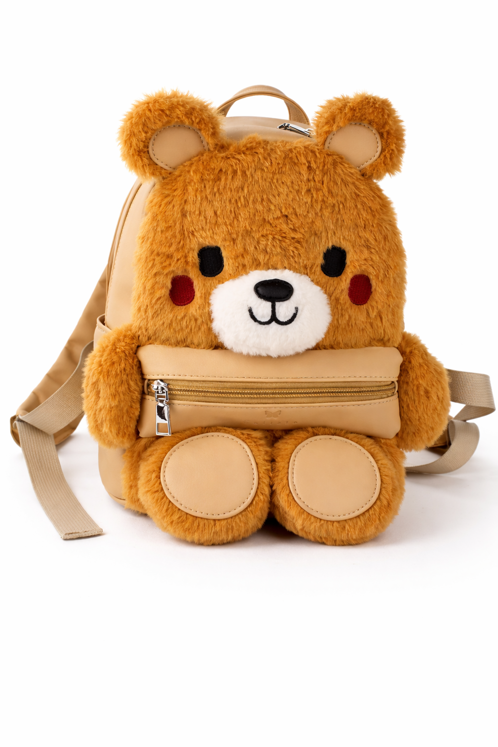 Plush bear backpack with a smiley face on a white background