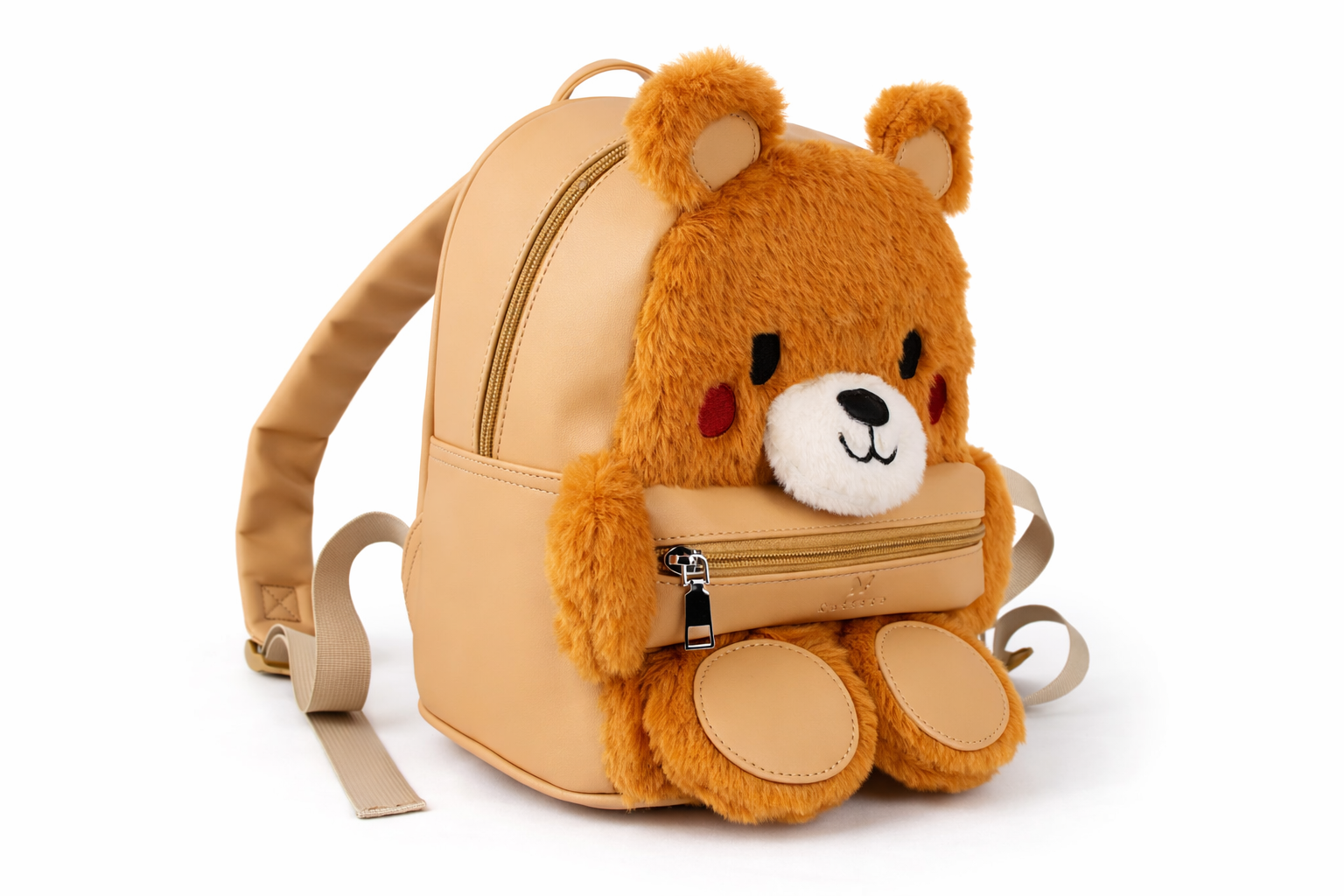 Beige backpack with a teddy bear attached on a white background
