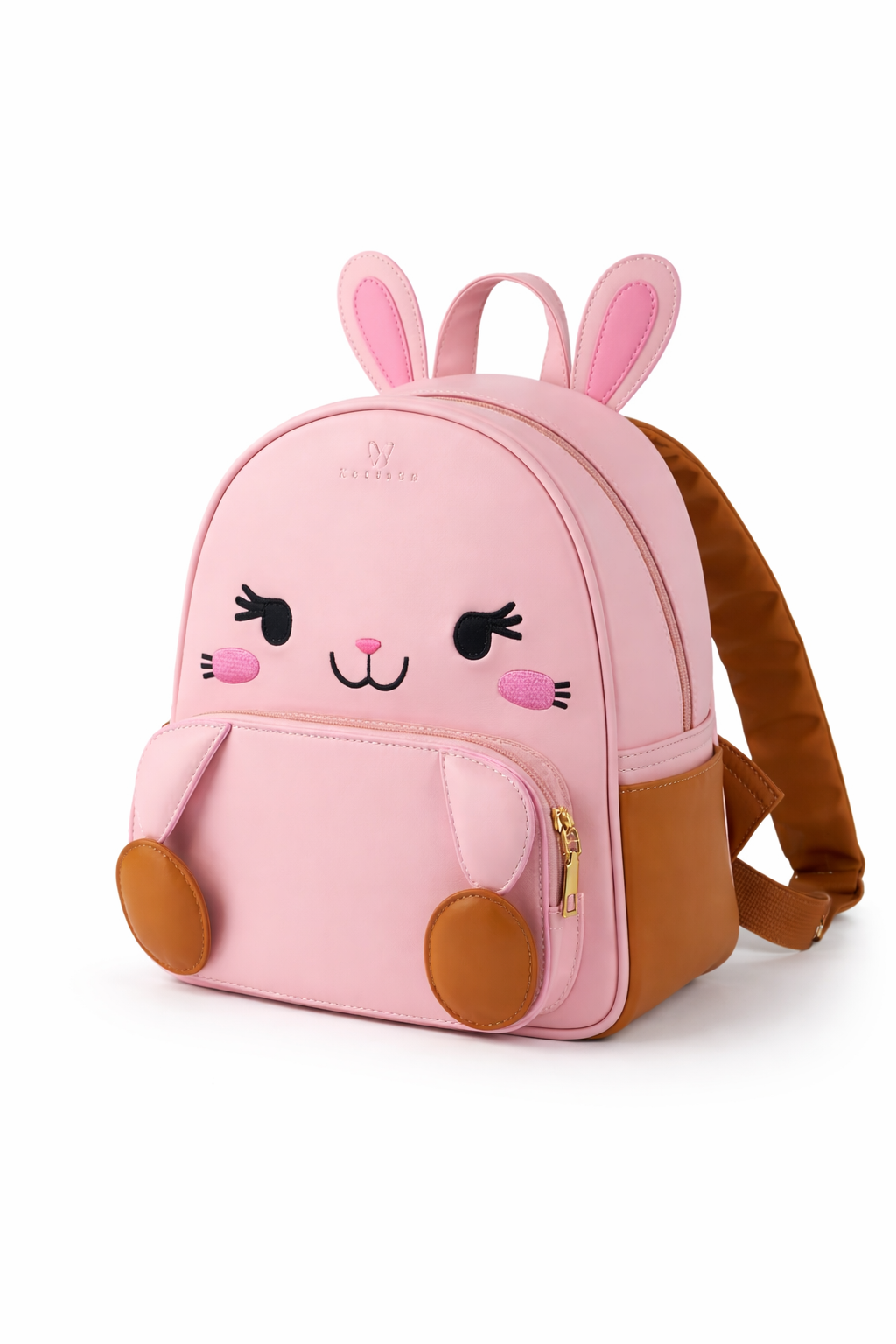 Pink backpack with bunny ears and face on a white background