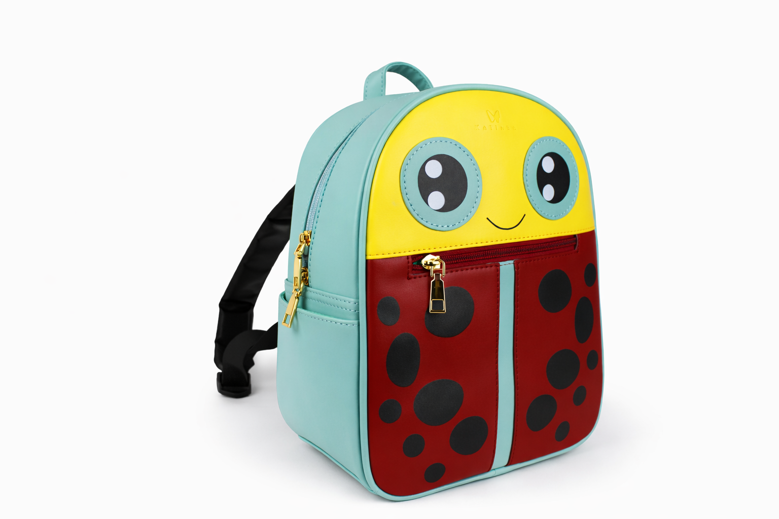 Children's backpack designed like a ladybug on a white background