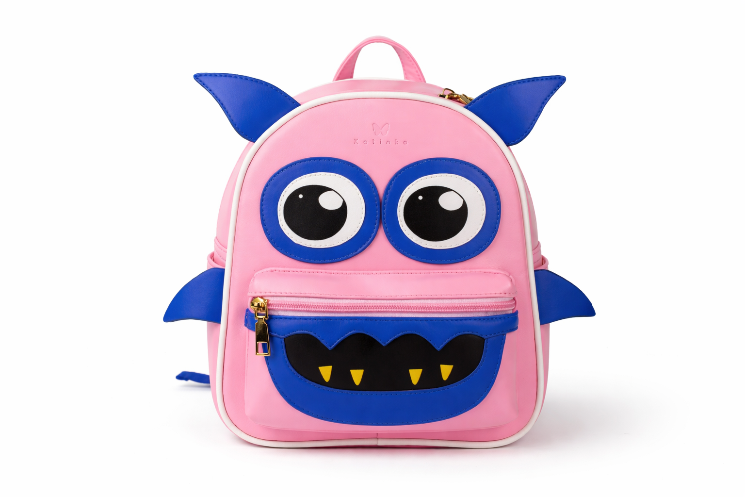 Pink backpack with blue accents and monster face design on a white background