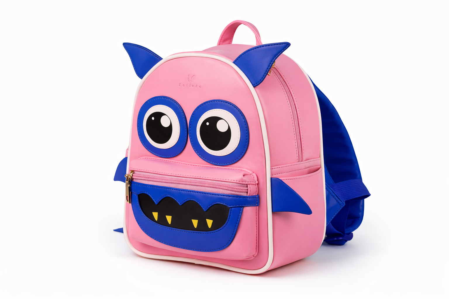 Pink backpack with blue accents and monster design on a white background
