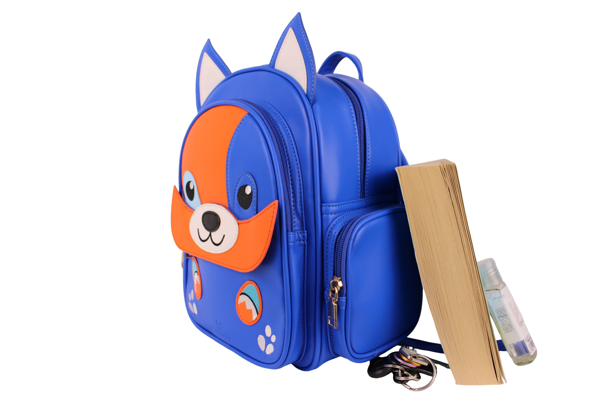 Blue backpack with a cartoon fox design, holding books and a pen, on a white background